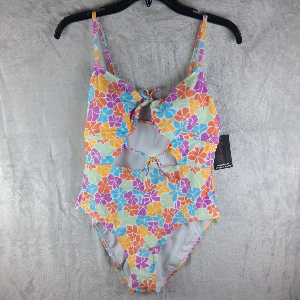 No Boundaries Cut Out Shirred 1pc swimsuit Multi Color Sz L (11-13) Juniors NWT